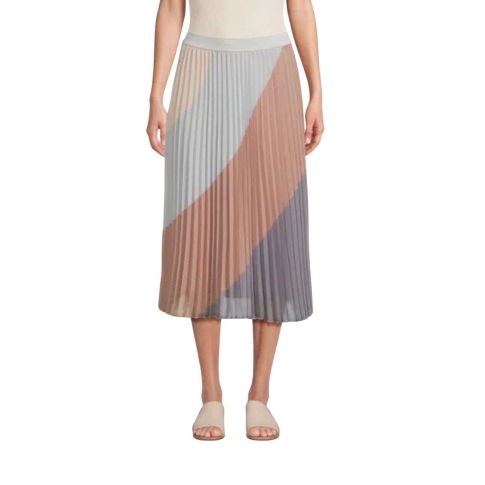 WD.NY Pleated Midi Skirt Large Colorblock Elastic Waist Blue Blush Taupe Lined